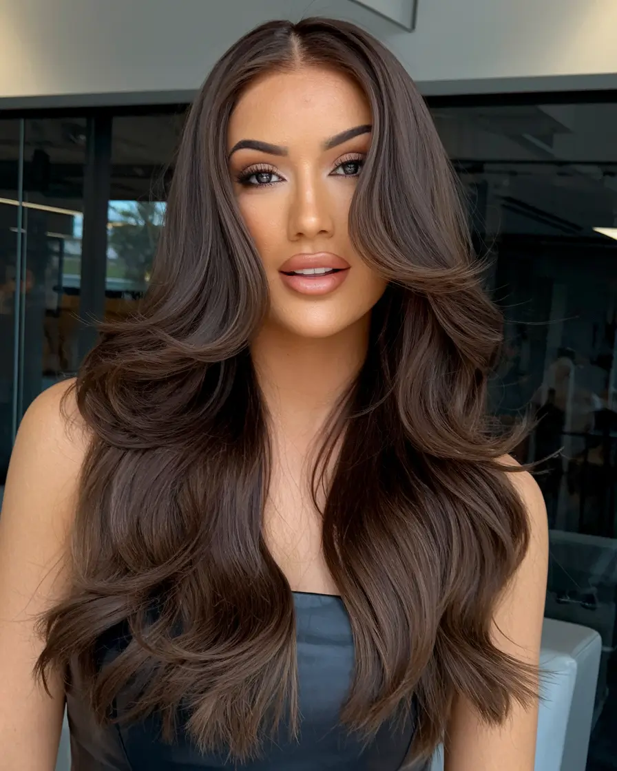 Trendy Brown Hair Colors Winter 2025-2026 Glossy Volume in Rich Brunette
