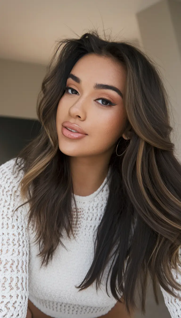 Trendy Brown Hair Colors Winter 2025-2026 Warm Balayage with Golden Ribbons