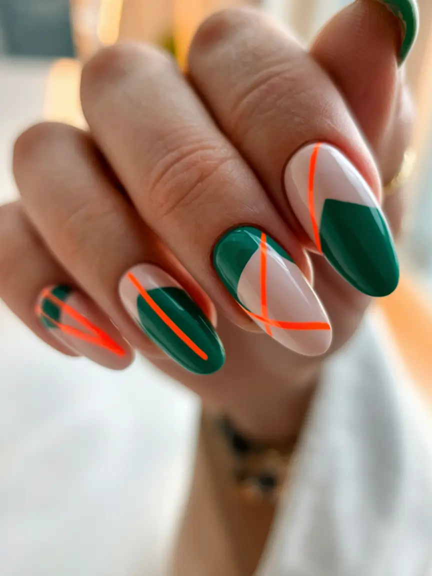 Trendy Winter Dip Nails 2025-2026 Geometric Green with Neon Edge