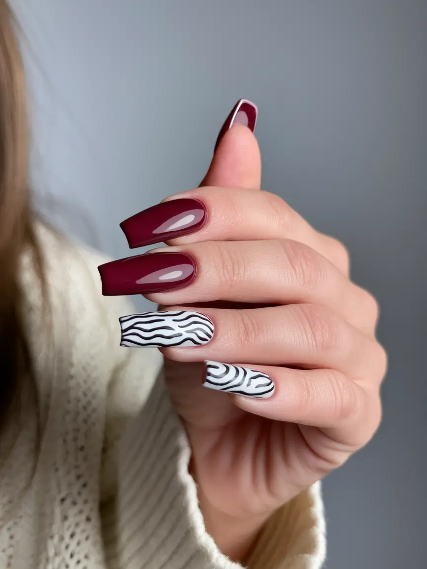 Trendy Winter Dip Nails 2025-2026 Burgundy & Zebra Edge