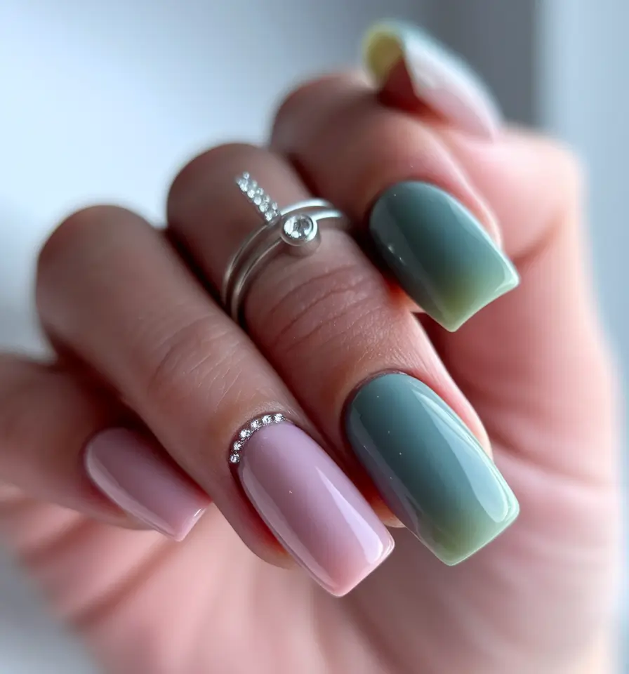 Trendy Winter Dip Nails 2025-2026 Soft Pink & Green Duo with Gem Accent