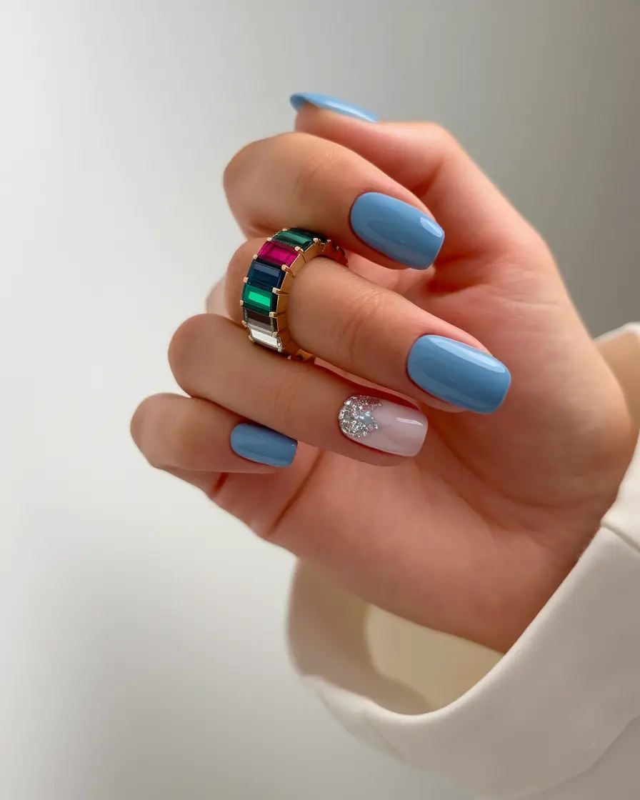 Trendy Winter Dip Nails 2025-2026 Sky Blue Charm with Crystal Accent
