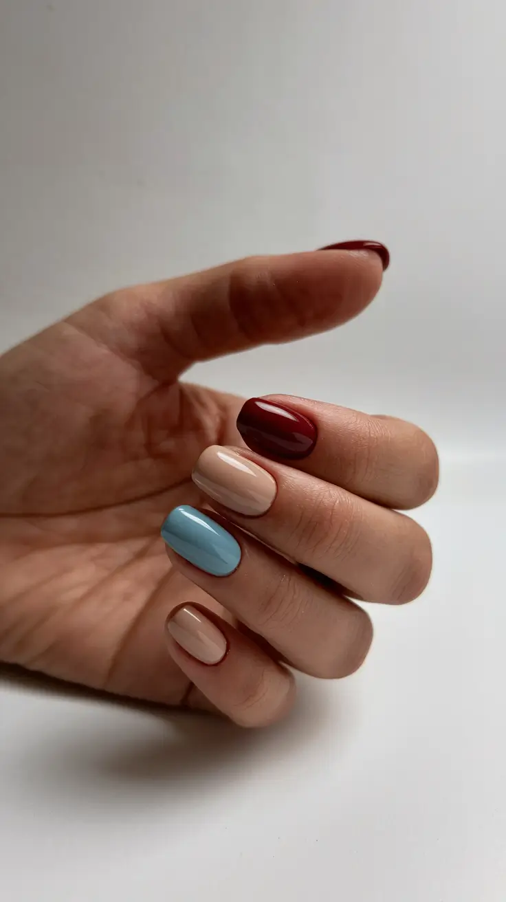 Trendy Winter Dip Nails 2025-2026 Tricolor Harmony: Red, Beige & Blue