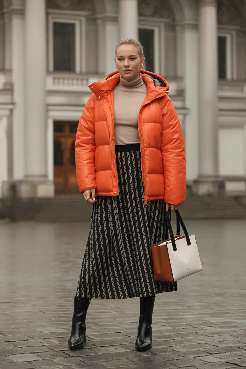 Trendy Winter Fits 2025-2026 Outfit Ideas Orange Puffer and Midi Skirt Elegance