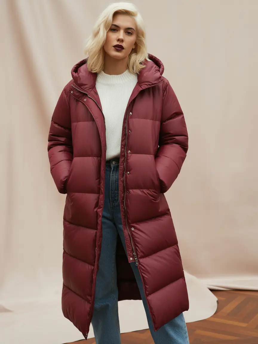 Trendy Winter Fits 2025-2026 Outfit Ideas Burgundy Puffer and Denim Ease