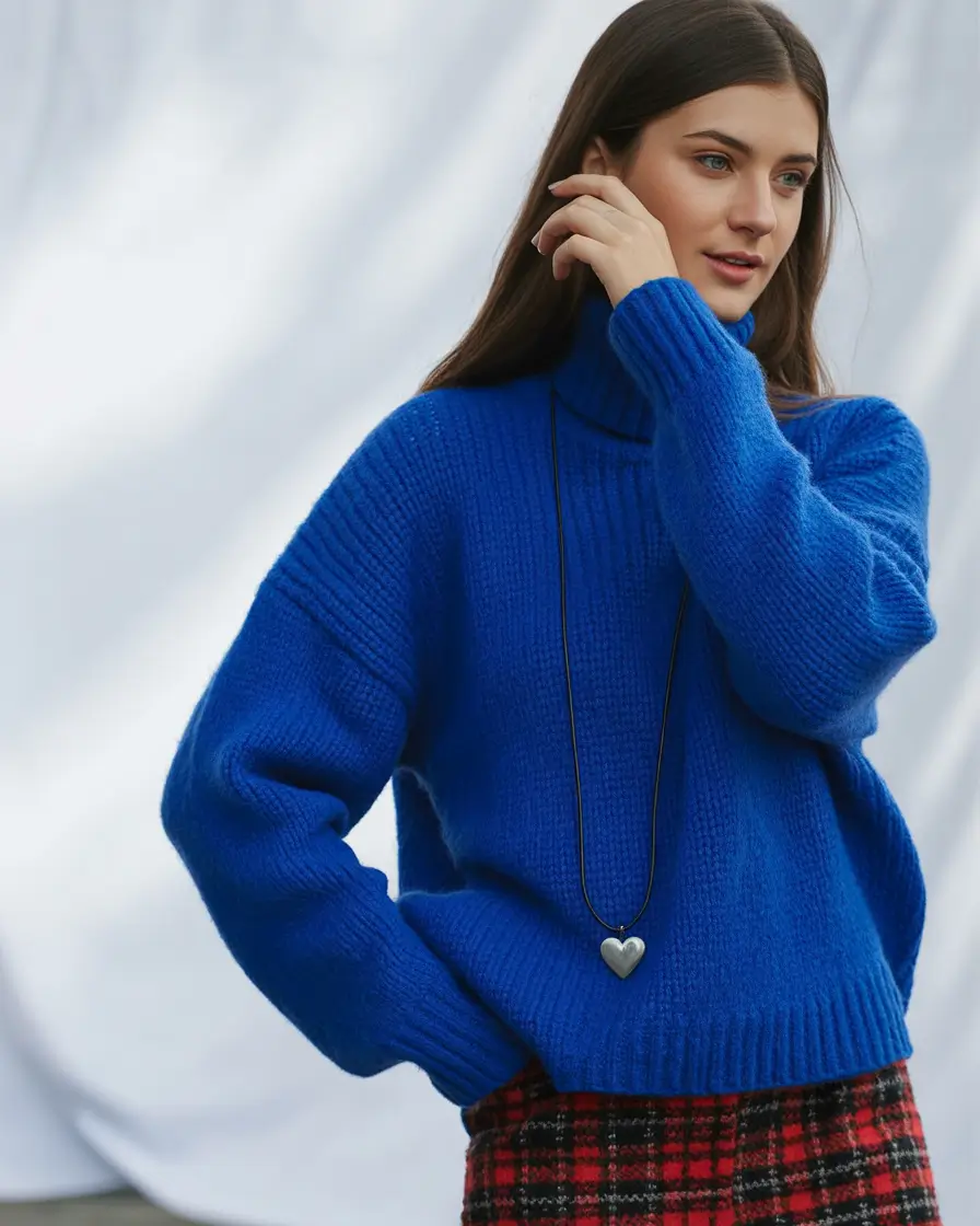 Trendy Winter Fits 2025-2026 Outfit Ideas Electric Blue Knit with Plaid Play
