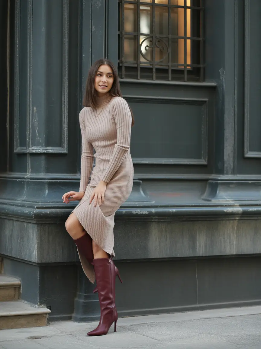 Trendy Winter Outfit Ideas 2025–2026 Sweater Dress with Burgundy Finish