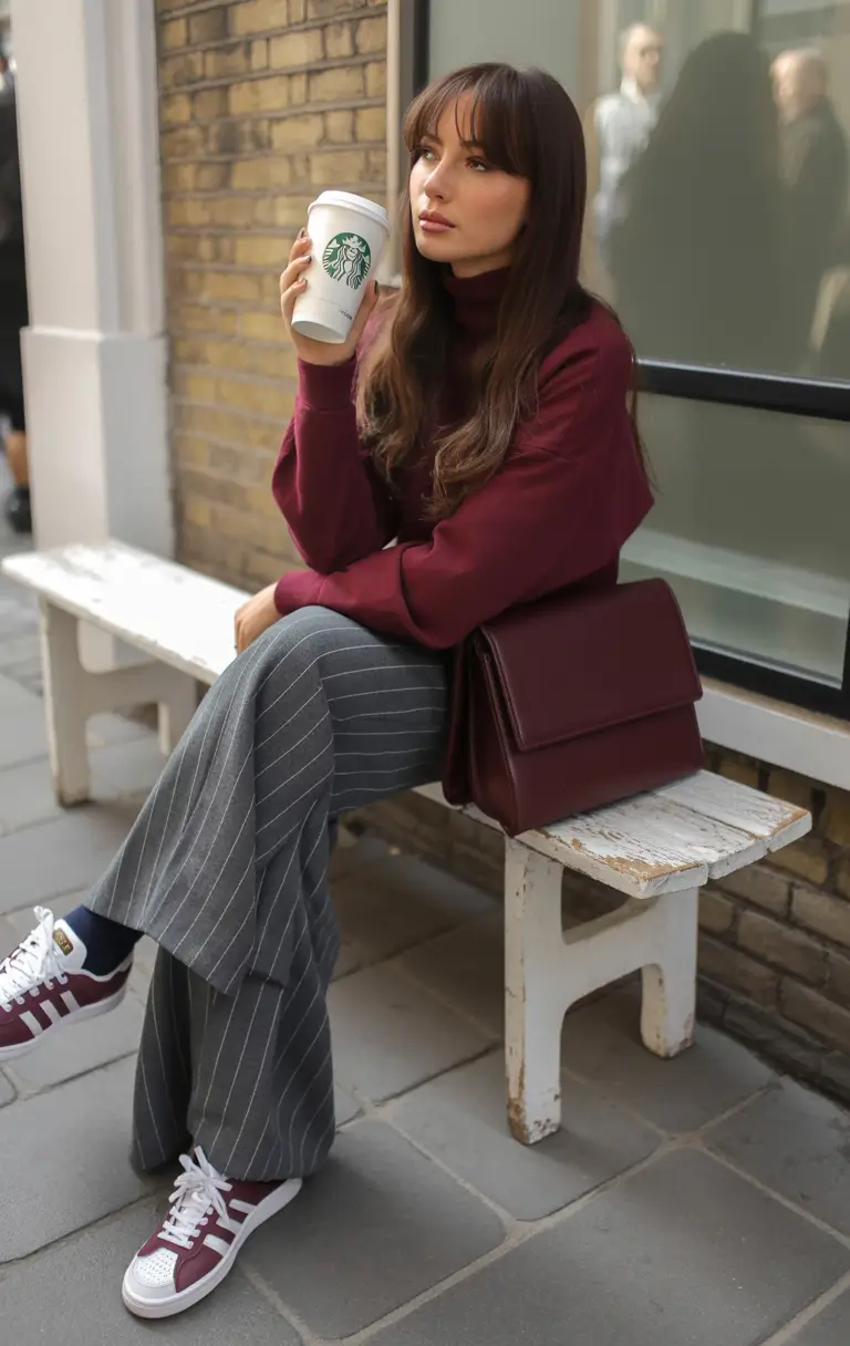 Trendy Winter Outfit Ideas 2025–2026 Burgundy Chic with Pinstripe Edge