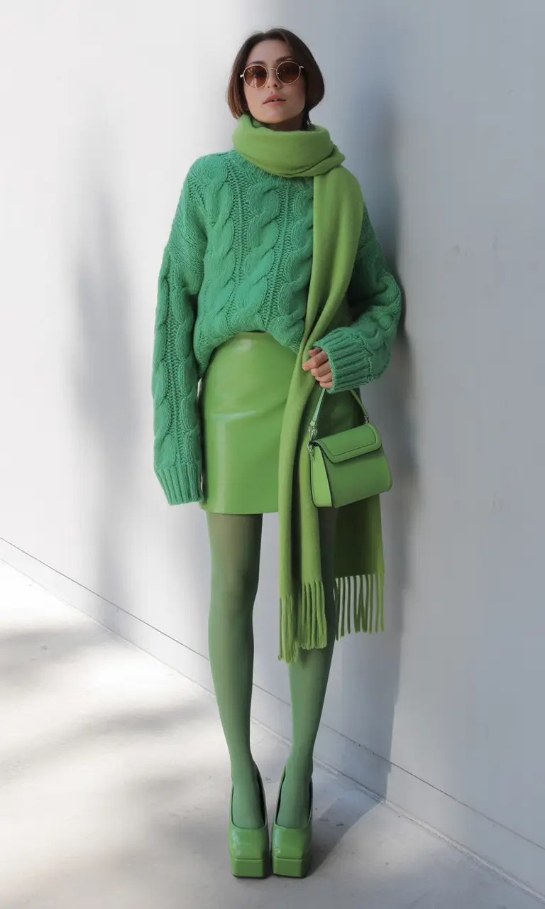 Trendy Winter Outfit Ideas 2025–2026 Monochrome Green Boldness
