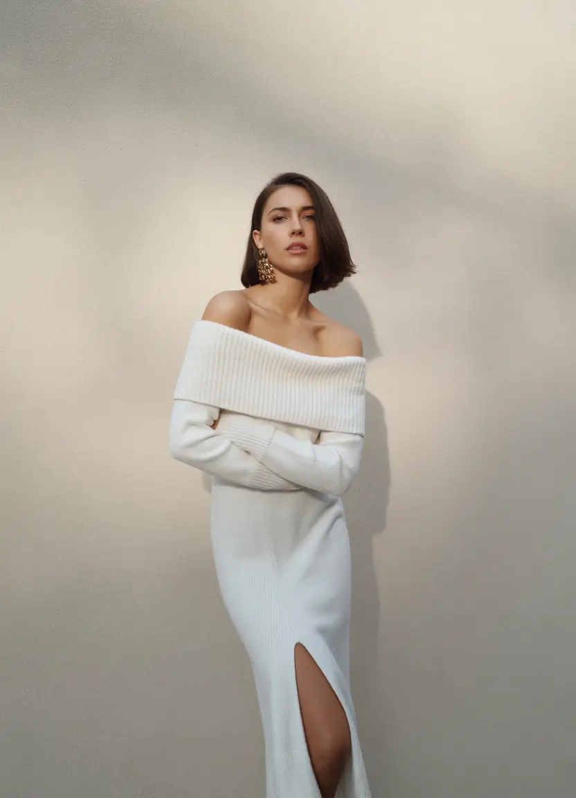 Trendy Winter Outfit Ideas 2025–2026 Off-Shoulder Elegance in Knitwear