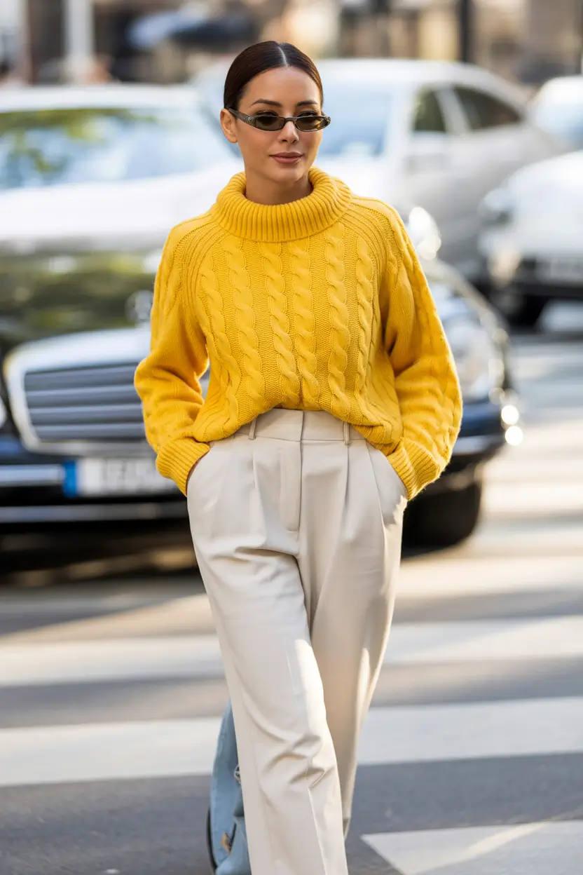 Trendy Winter Outfit Ideas 2025–2026 Golden Knit with Tailored Confidence
