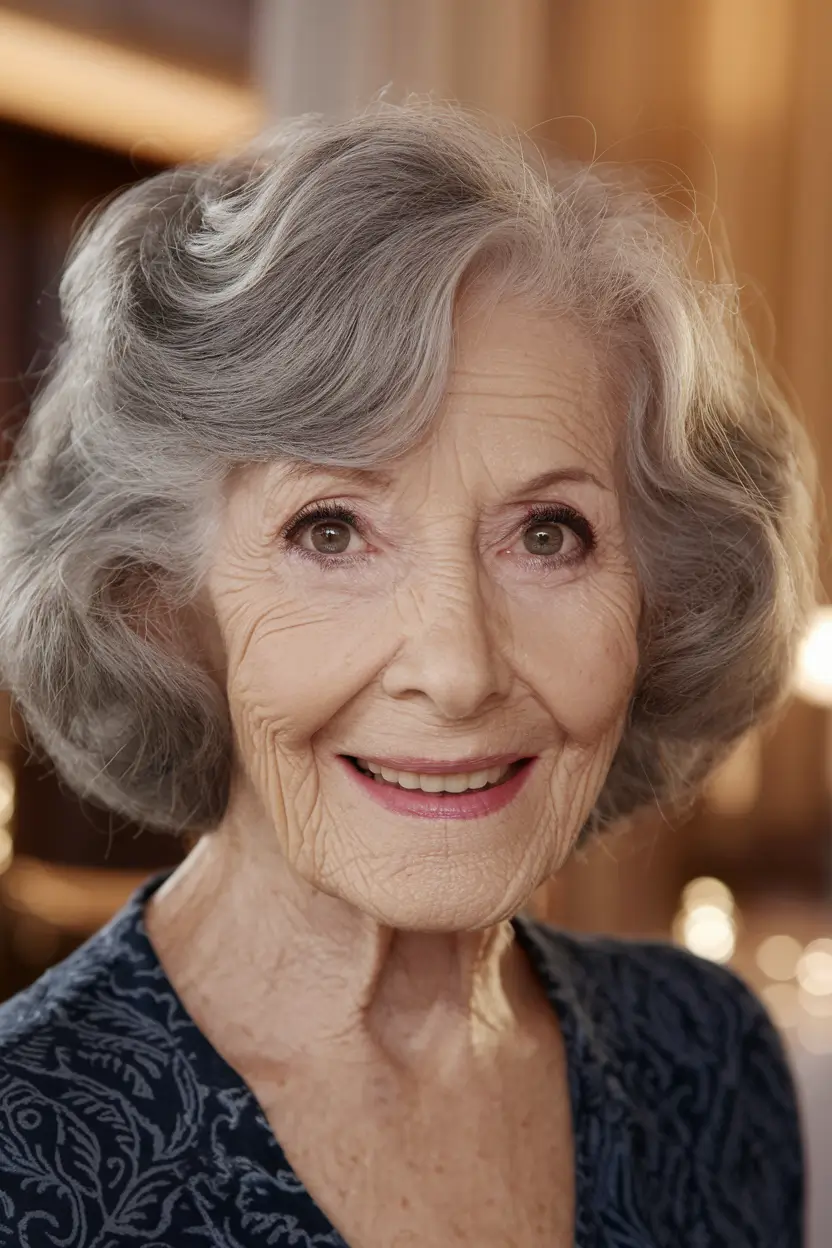 Winter 2025 / 2026 Haircuts for 60+ Women Soft Grey Curls with Classic Elegance