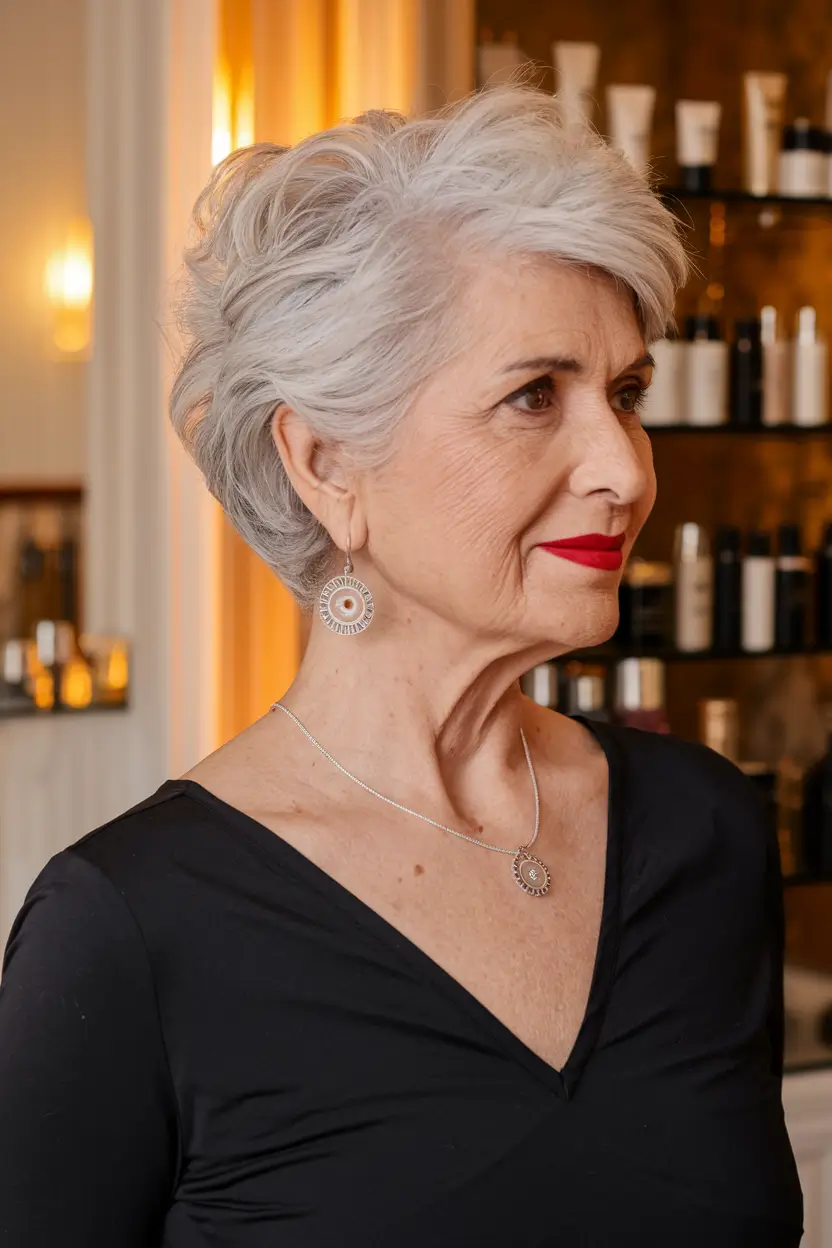 Winter 2025 / 2026 Haircuts for 60+ Women Textured Short Shag with Silver Tones