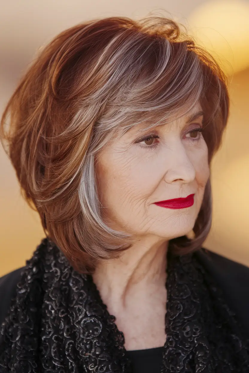 Winter 2025 / 2026 Haircuts for 60+ Women Layered Bob with Silver Highlights