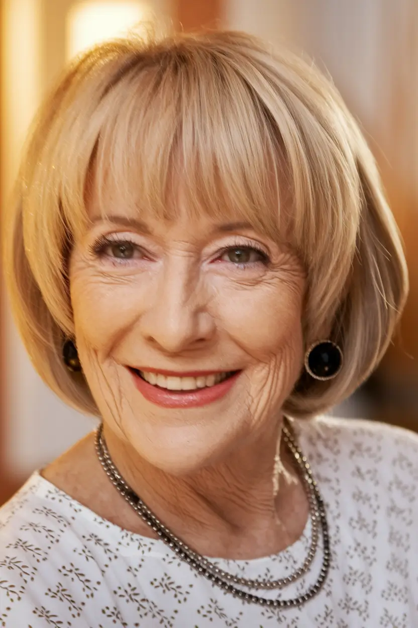 Winter 2025 / 2026 Haircuts for 60+ Women Polished Blonde Bob with Bangs