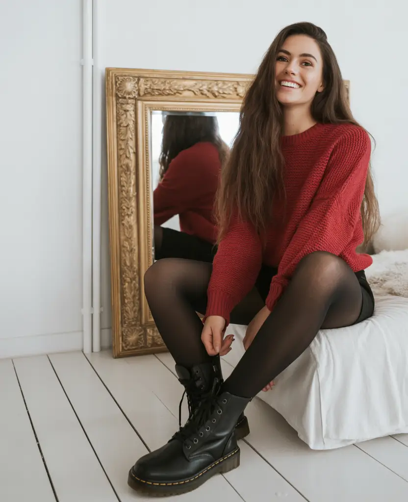 Winter 2025 Trendy Outfit Inspiration Cozy Red Knit with Combat Boots