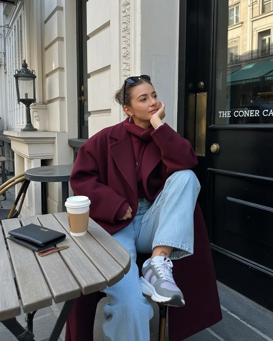 Winter 2025 Trendy Outfit Inspiration Burgundy Layers with Sneakers