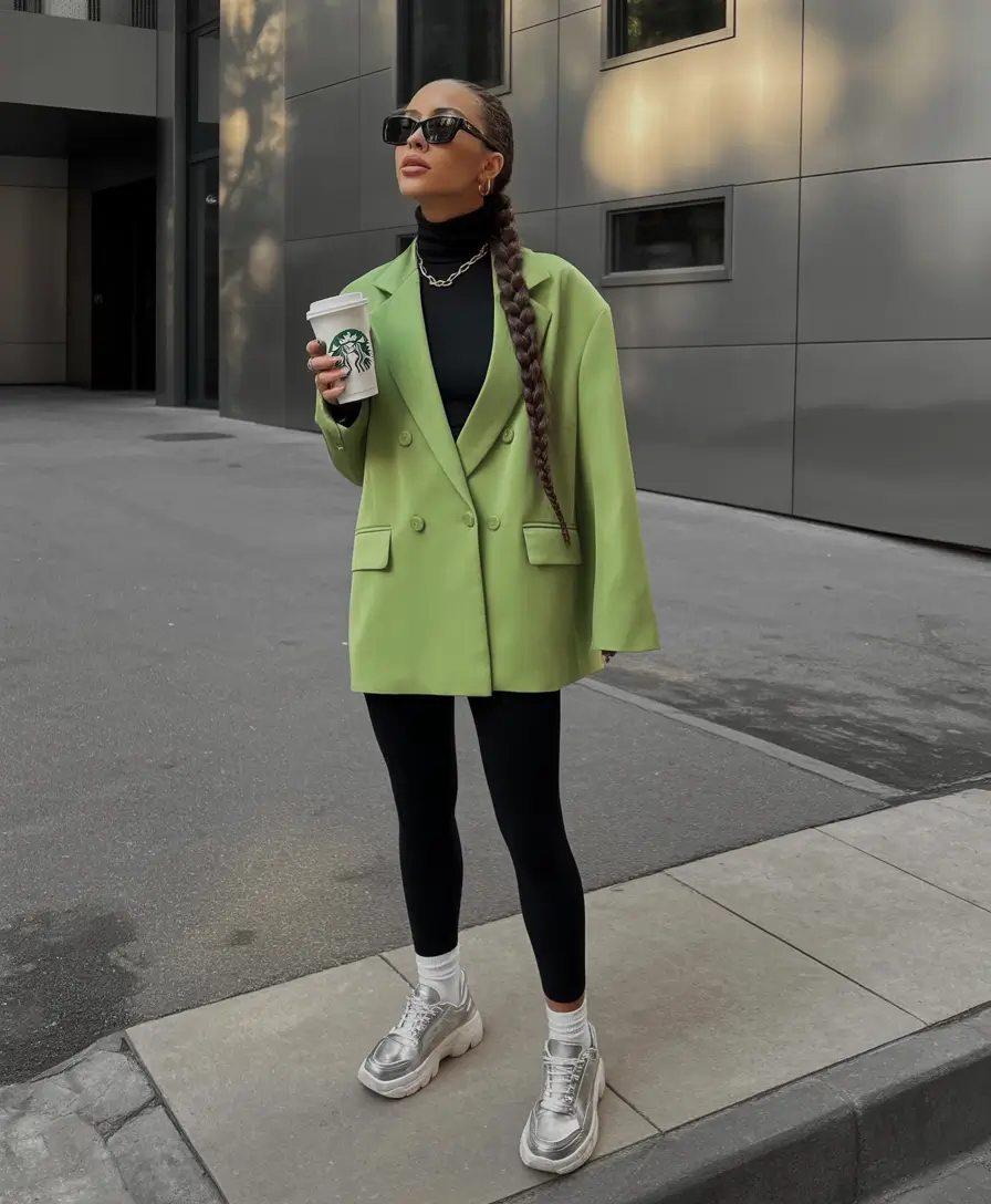 Winter 2025 Trendy Outfit Inspiration Lime Green Blazer with Athleisure Vibes
