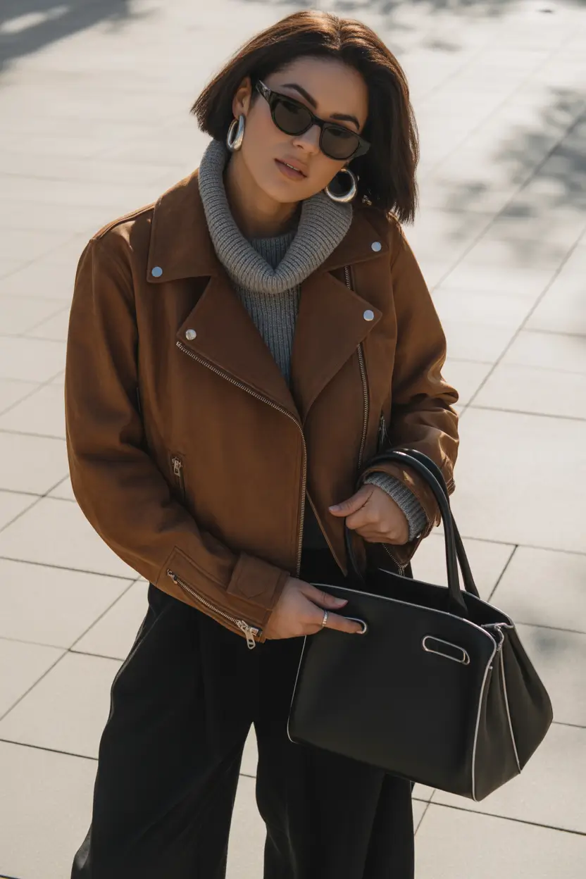 Winter 2025 Trendy Outfit Inspiration Coffee-Toned Leather and Knit
