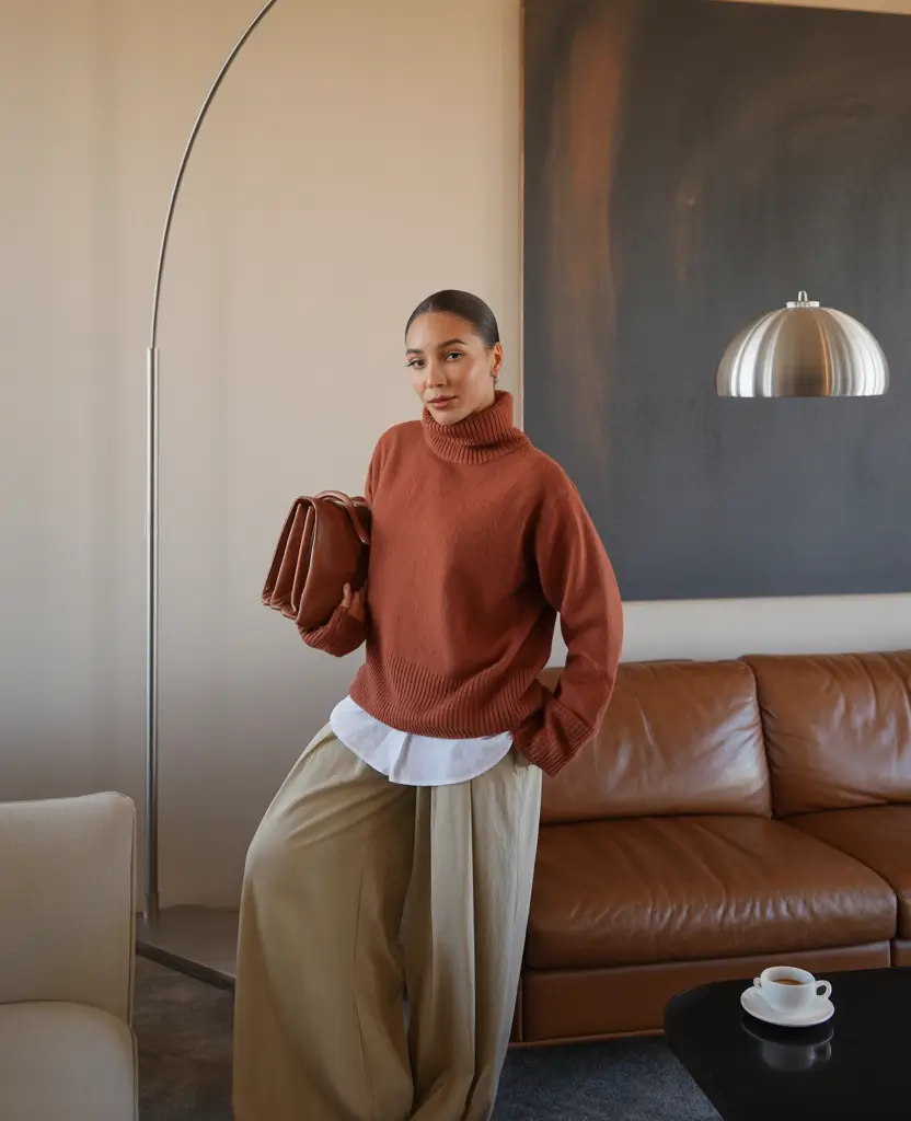 Winter 2025 Trendy Outfit Inspiration Rust Turtleneck with Wide Pants