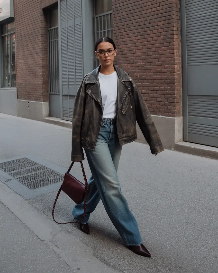 Winter 2025 Trendy Outfit Inspiration Leather Jacket with Laid-Back Denim