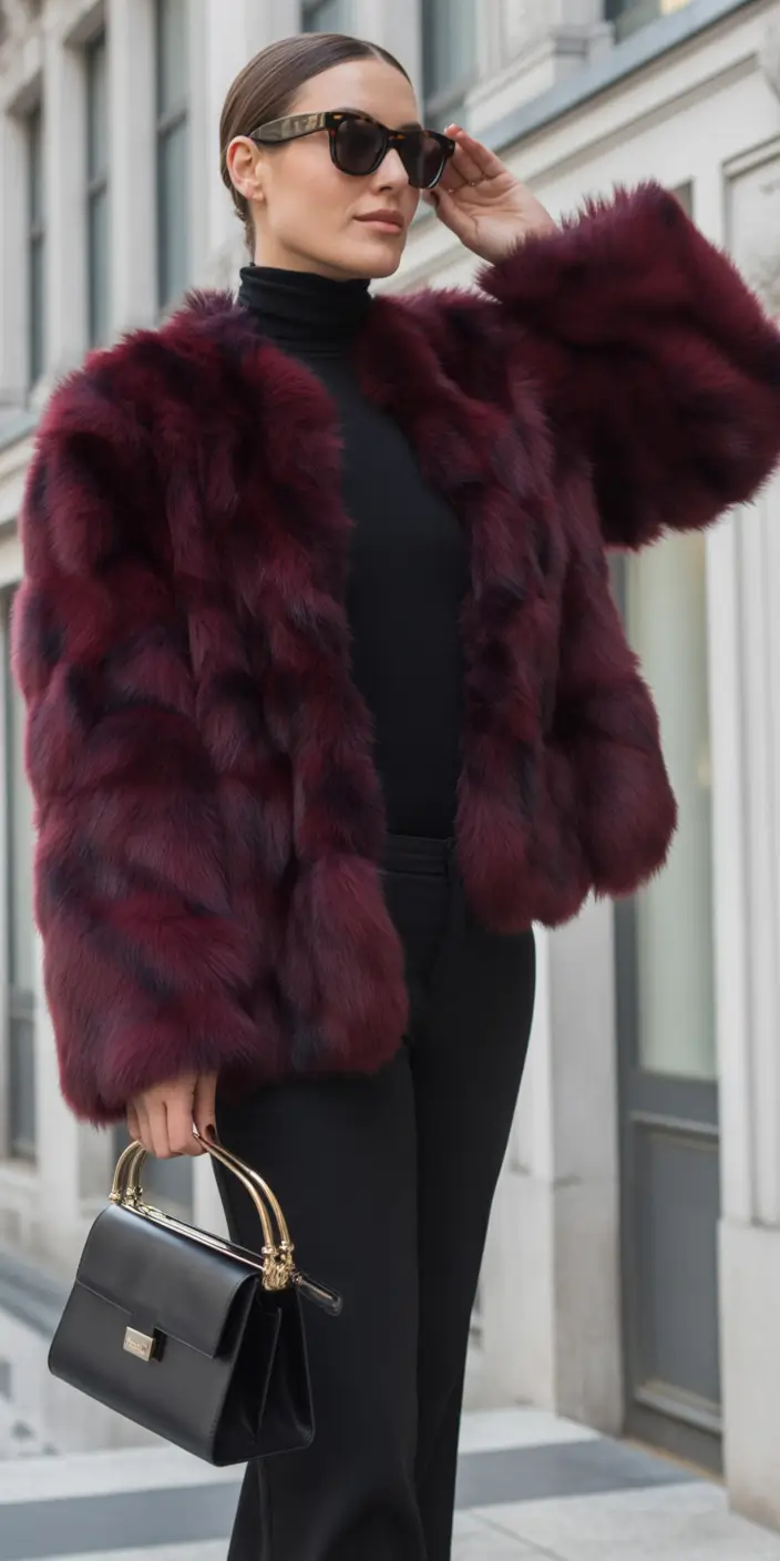 Winter 2025 Trendy Outfit Inspiration Deep Burgundy Luxe Fur