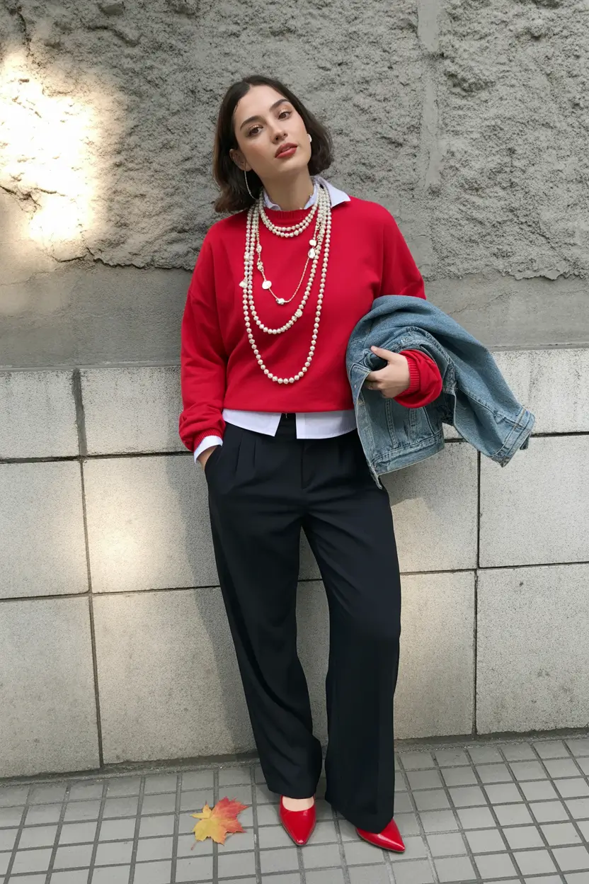 Winter 2025 Trendy Outfit Inspiration Red Sweater Chic with Pearls