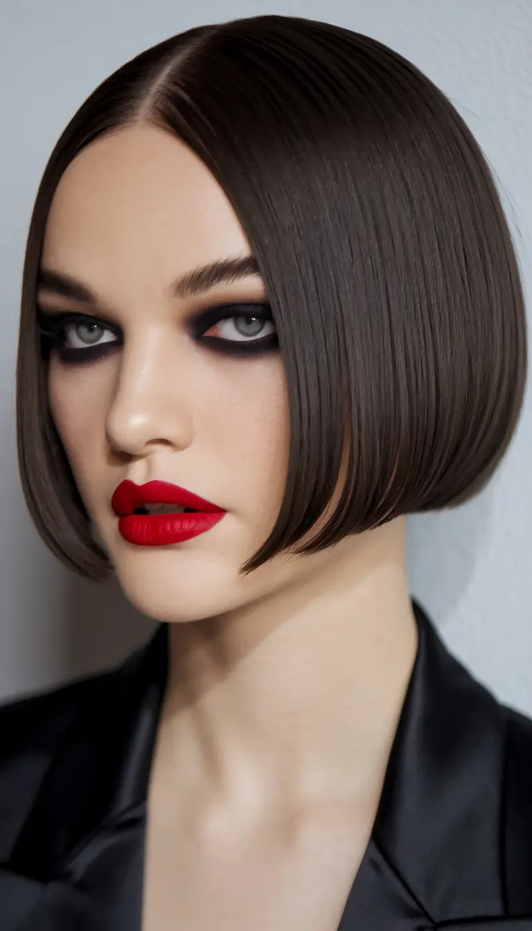 winter bob haircuts ideas 2025 2026 Glossy Precision with a Dramatic Edge
