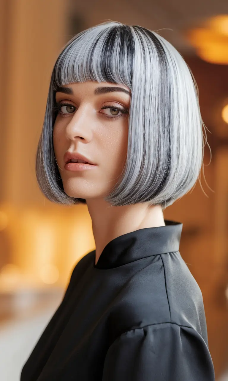 winter bob haircuts ideas 2025 2026 Silver Frost with Blunt Bangs