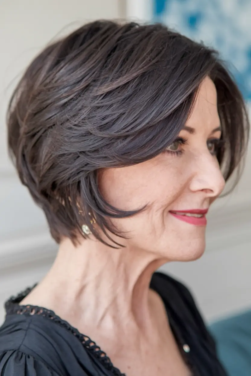 winter haircuts for women over 50 ideas 2025 / 2026 Layered Dark Short Bob