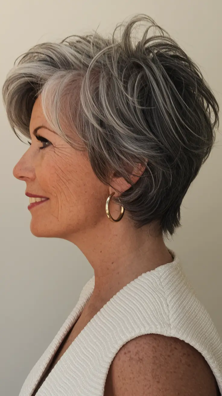 winter haircuts for women over 50 ideas 2025 / 2026 Layered Silver Pixie with Volume