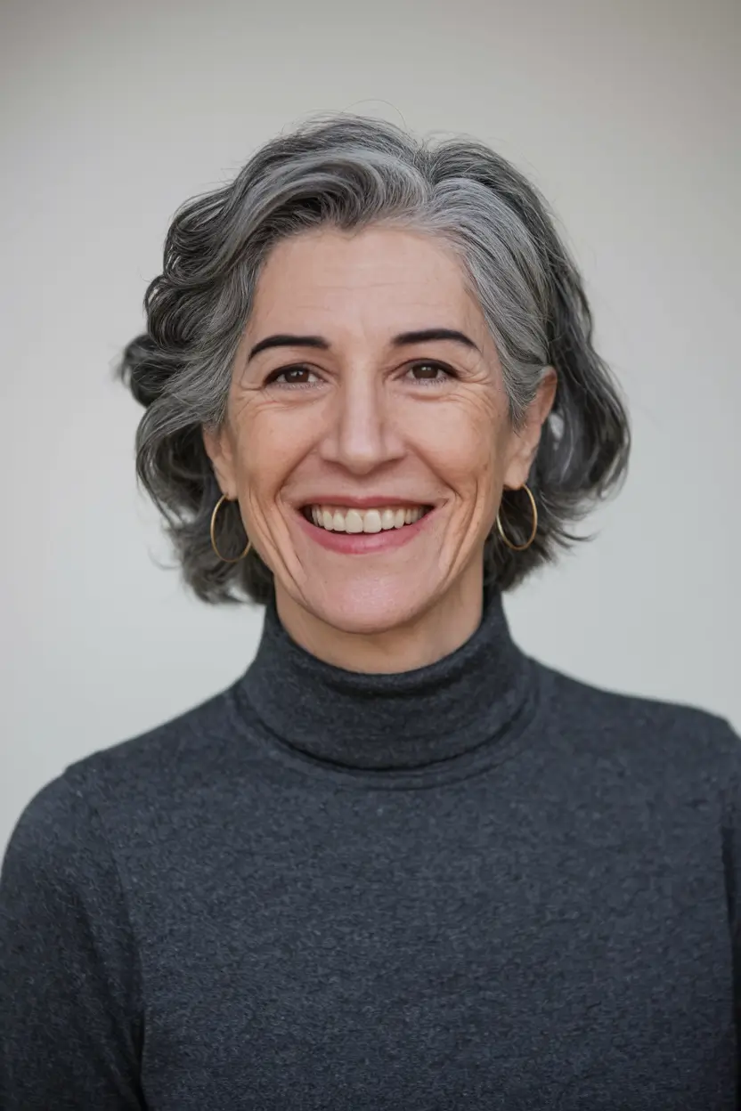 winter haircuts for women over 50 ideas 2025 / 2026 Natural Wavy Mid-Length with Silver Highlights