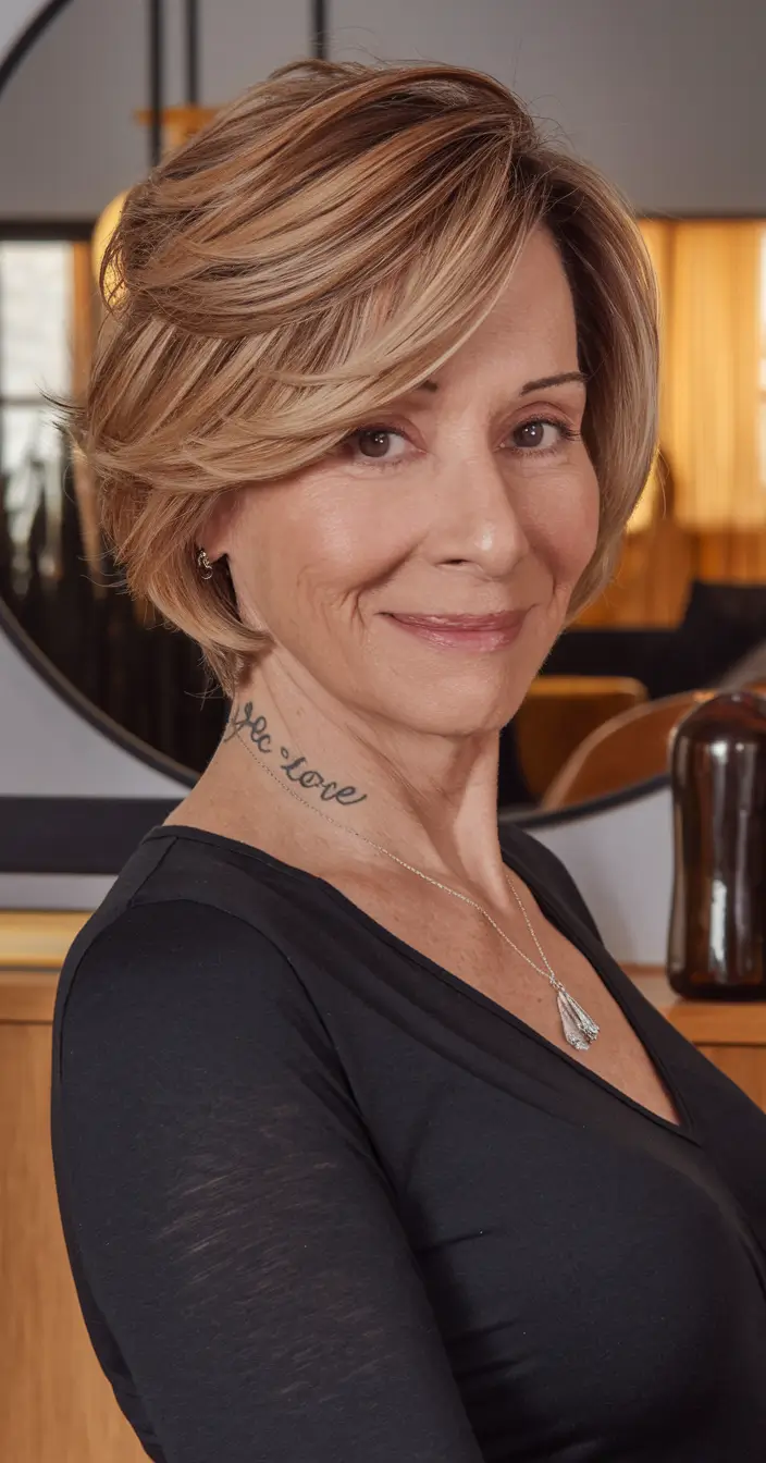 winter haircuts for women over 50 ideas 2025 / 2026 Layered Short Bob with Blonde Highlights