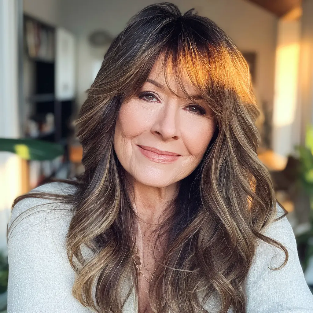 winter haircuts for women over 50 ideas 2025 / 2026 Long Layered Shag with Bangs