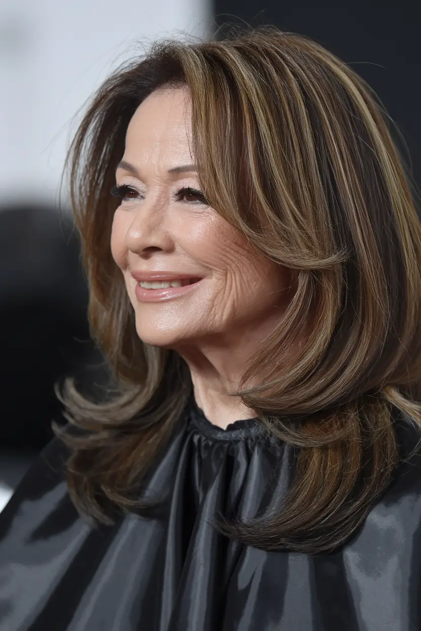 winter haircuts for women over 50 ideas 2025 / 2026 Glossy Long Layers with Highlights
