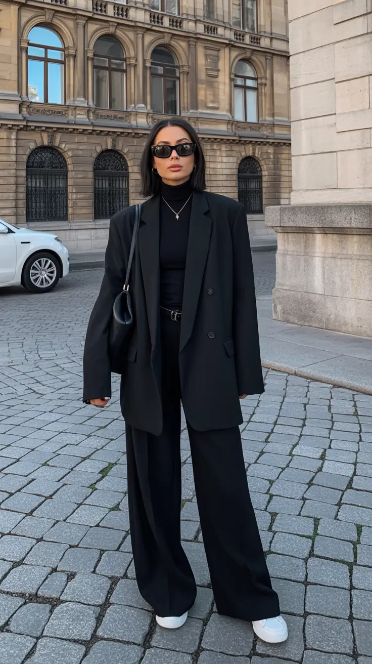 Winter Office Outfits 2025 / 2026 Style Guide Relaxed Black Suit with Sneakers