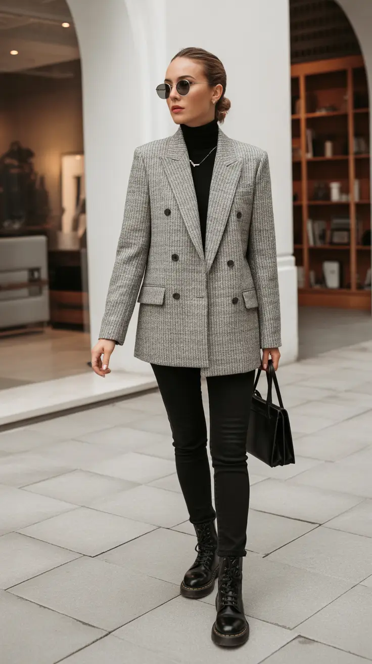 Winter Office Outfits 2025 / 2026 Style Guide Gray Double-Breasted Blazer & Skinny Pants