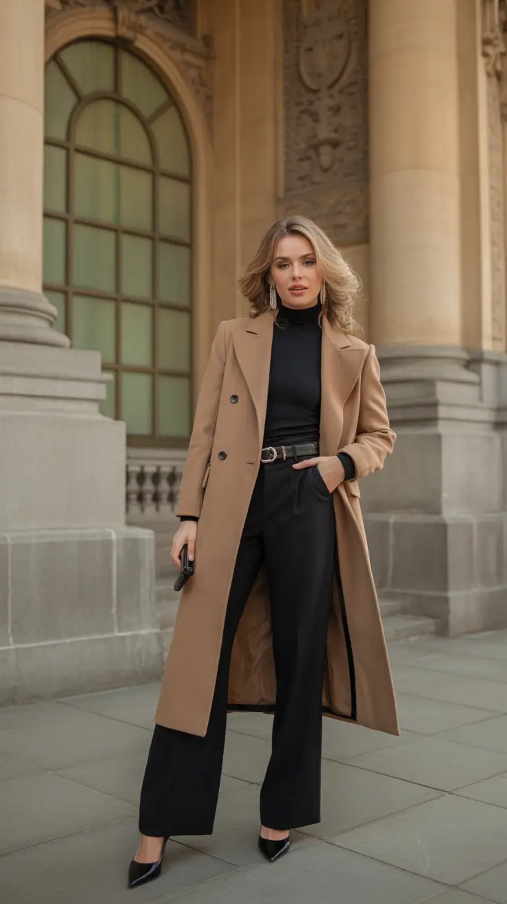Winter Office Outfits 2025 / 2026 Style Guide Camel Coat with Timeless Black