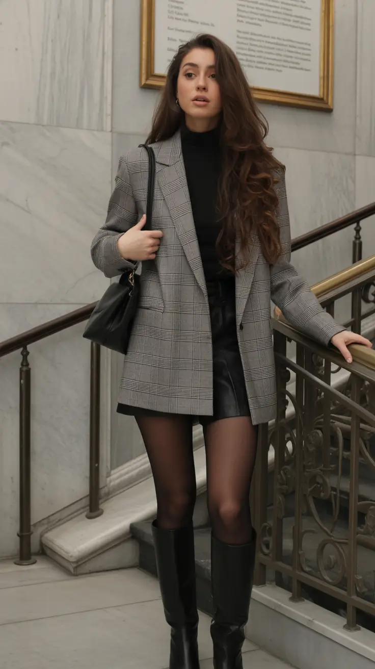 Winter Office Outfits 2025 / 2026 Style Guide Checked Blazer & Leather Skirt