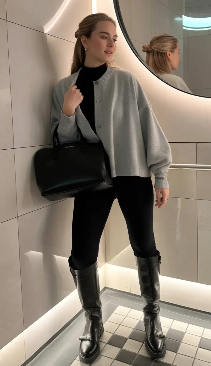 Winter Office Outfits 2025 / 2026 Style Guide Soft Gray Layers with Tall Boots