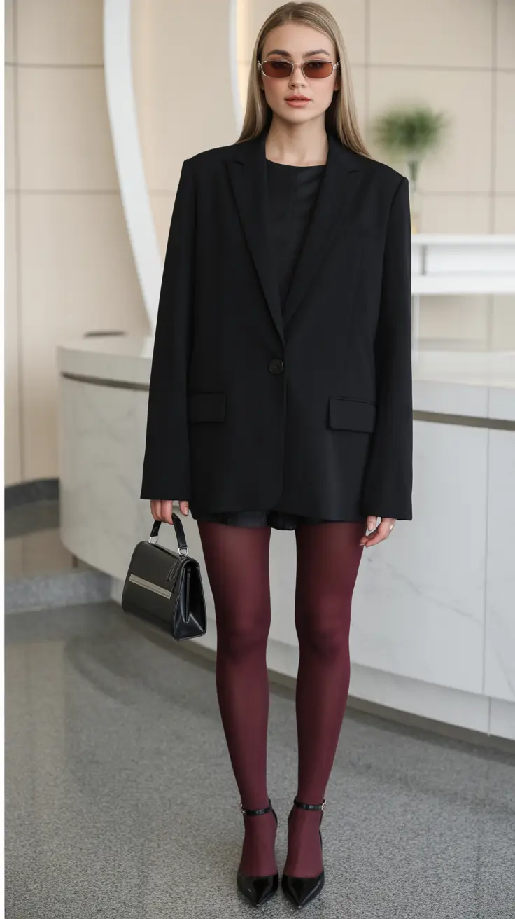 Winter Office Outfits 2025 / 2026 Style Guide Oversized Blazer with Burgundy Tights