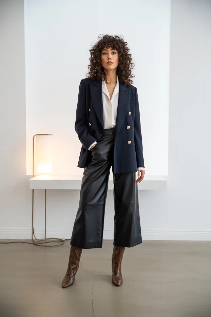 Winter Office Outfits 2025 / 2026 Style Guide Navy Blazer & Leather Culottes