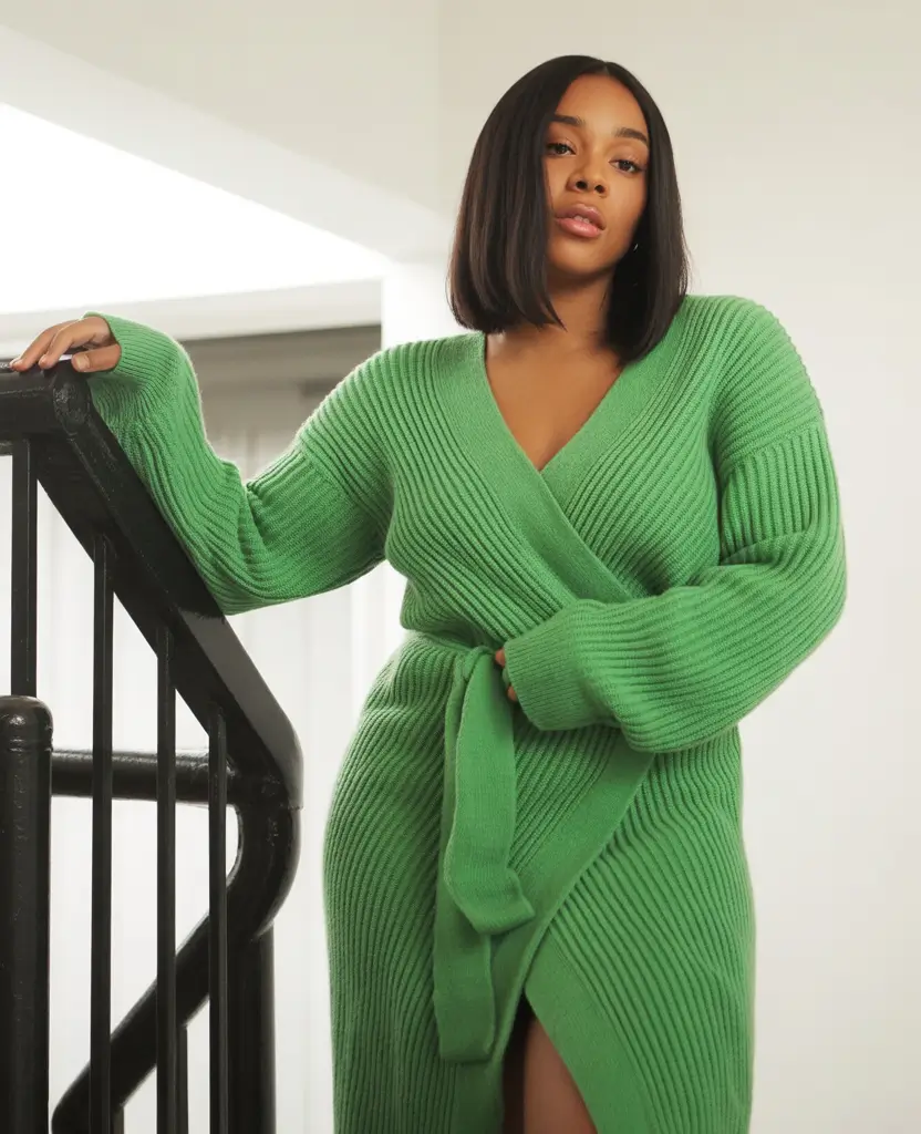 winter outfits blackgirl 2025 - 2026 Fresh Pop of Green in Knit Wrap Dress