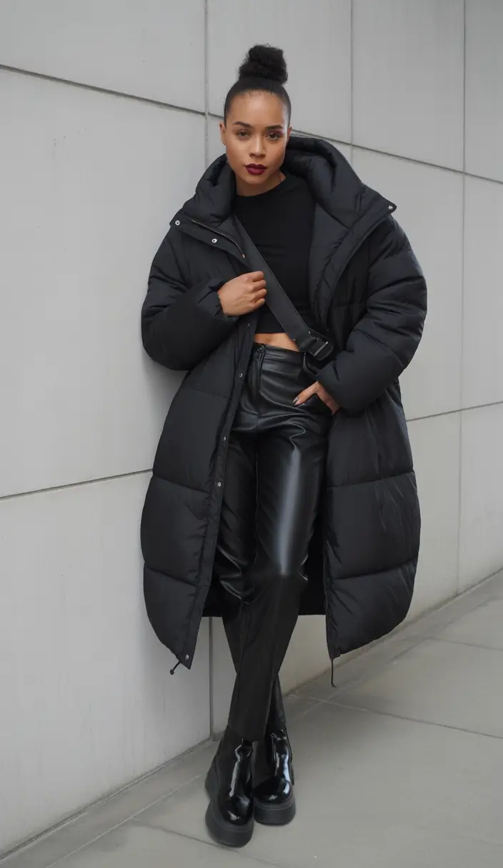 winter outfits blackgirl 2025 - 2026 All Black Puffer with Leather Attitude