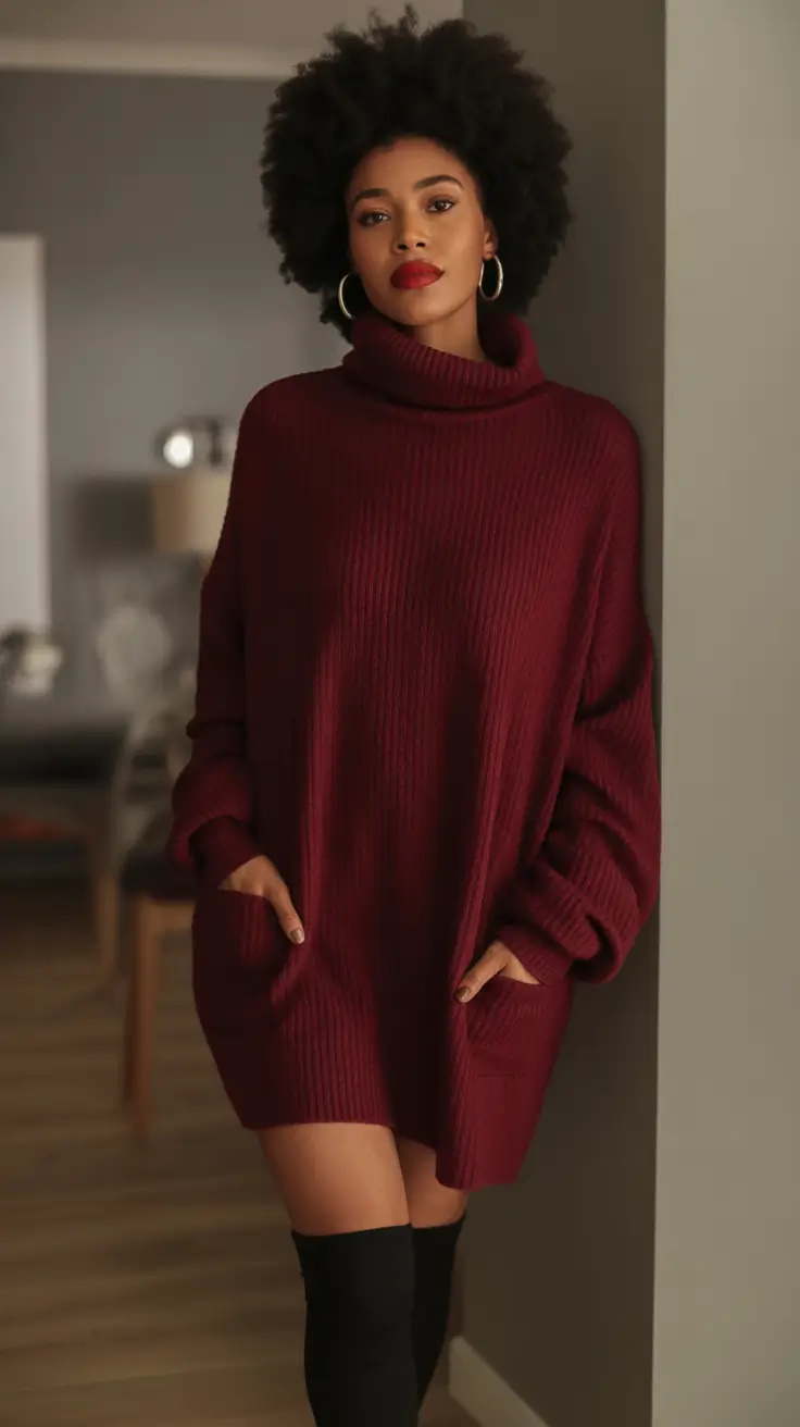 winter outfits blackgirl 2025 - 2026 Burgundy Knit Dress with Over-the-Knee Boots