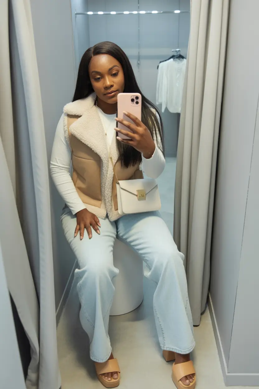 winter outfits blackgirl 2025 - 2026 Layered Neutrals with Shearling Vest