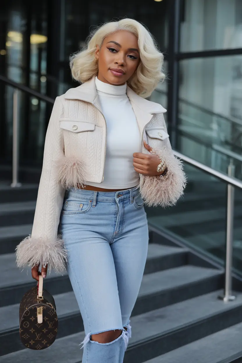 winter outfits blackgirl 2025 - 2026 Feather-Trimmed Jacket with Modern Denim