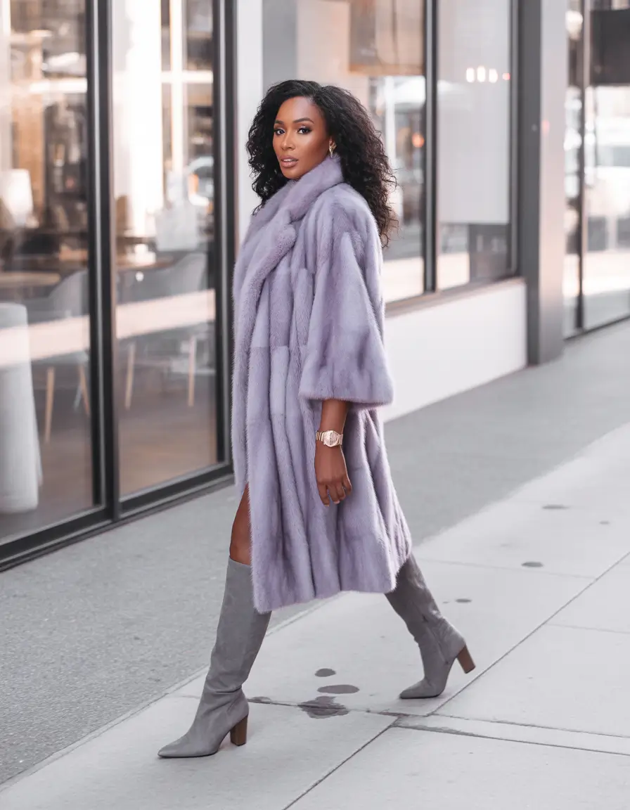 winter outfits blackgirl 2025 - 2026 Lavender Fur and Sleek Grey Boots