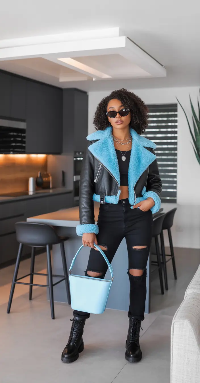 winter outfits blackgirl 2025 - 2026 Pop of Blue in Leather and Denim