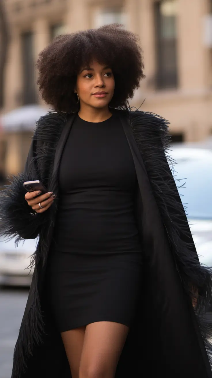 winter outfits blackgirl 2025 - 2026 Feather-Trimmed Drama in All Black
